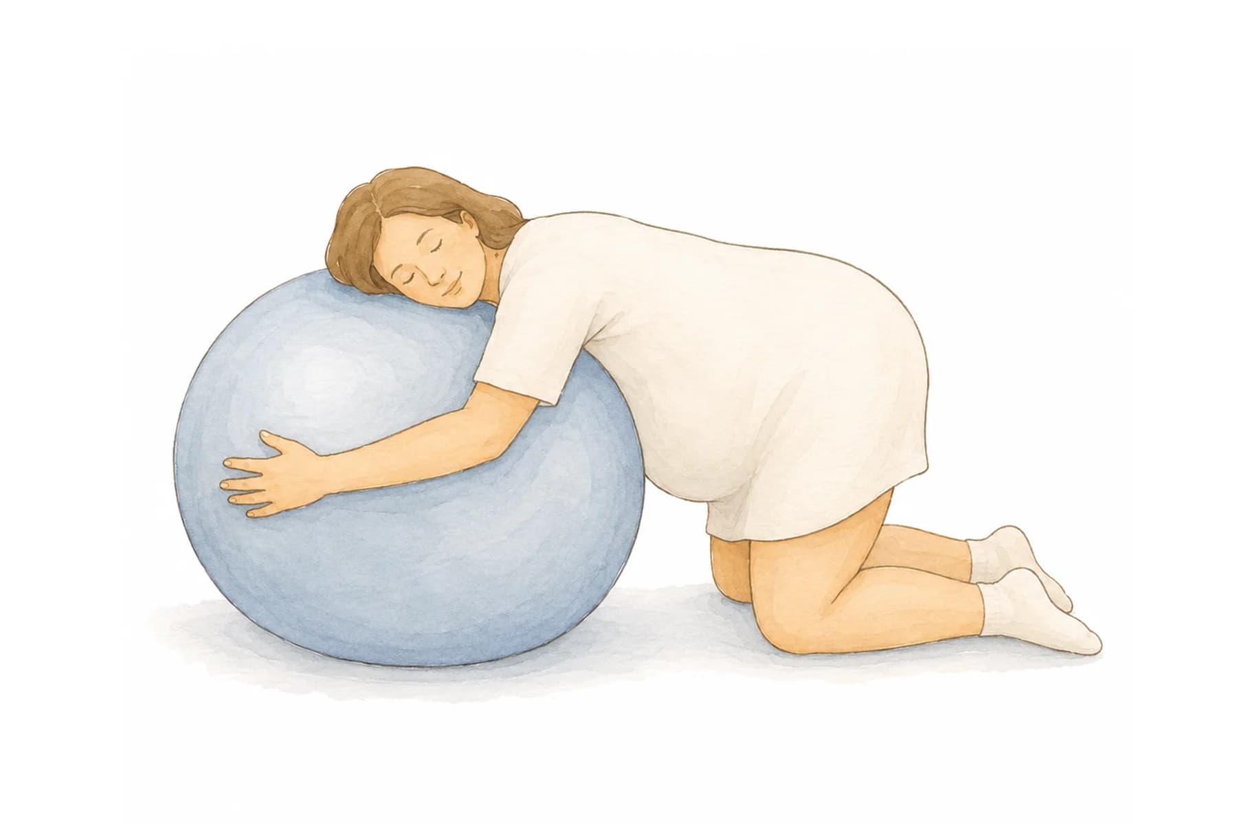 Illustration of a person kneeling and leaning on a birth ball
