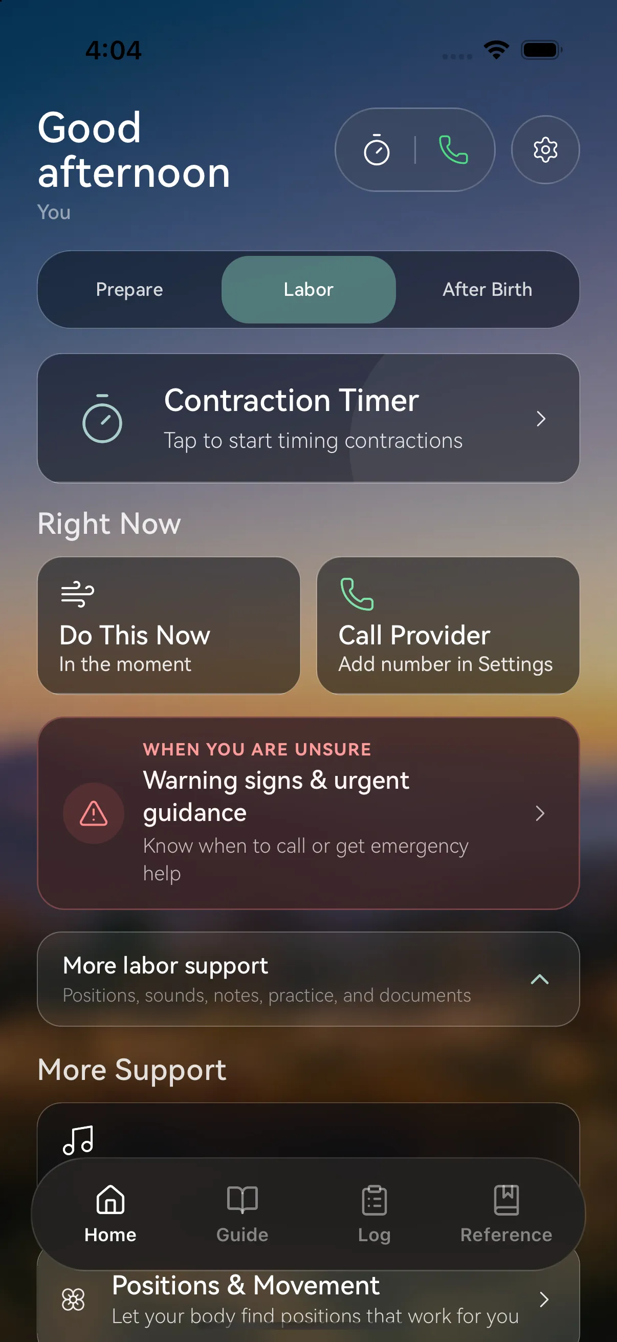 Labor home screen with contraction timer, Do This Now, and provider contact